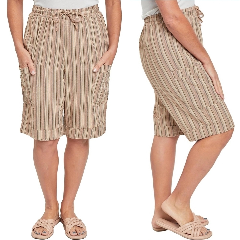 Ladies Striped Linen Blend Tan Women's Shorts, Elastic Drawstring Waist, XL